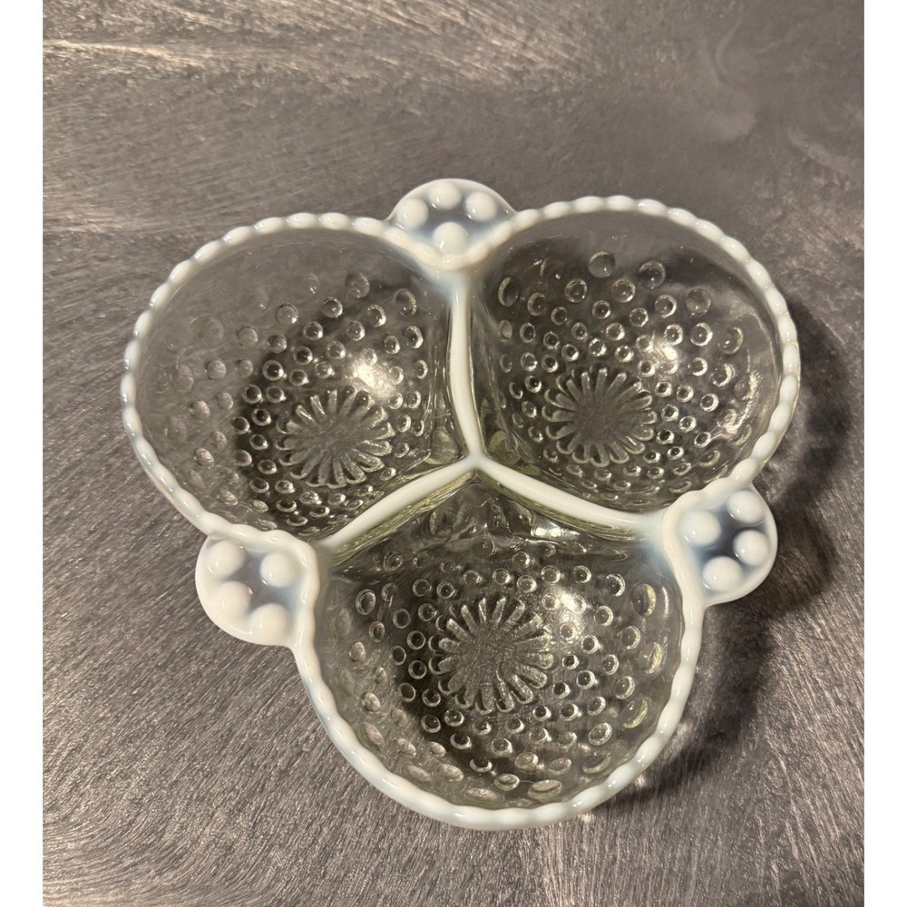 Fenton Hobnail Glass Relish Dish 3 Compartment Opalescent Trim Divided Bowl